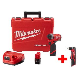M12 FUEL 12V Lithium-Ion Brushless Cordless 1/4 in. Hex Impact Driver Kit W/ M12 Right Angle Drill