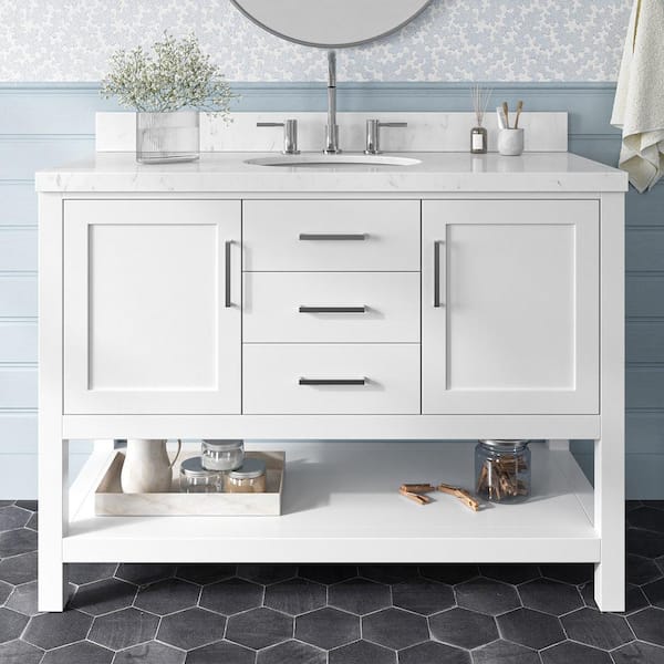 ARIEL Bayhill 48.25 in. W x 22 in. D x 36 in. H Single Sink Freestanding Bath Vanity in White with Man-Made Stone Top