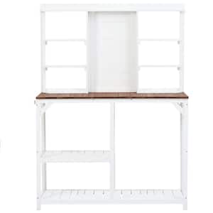 47.2 in. W x 64.6 in. H White Wood Outdoor Garden Potting Bench Table with 6-Tier Shelves, Large Tabletop and Side Hook