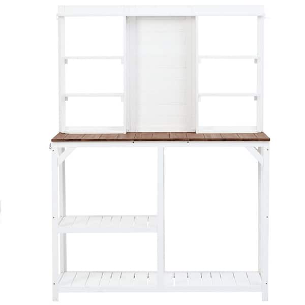 Tenleaf 47.2 in. W x 64.6 in. H White Wood Outdoor Garden Potting Bench Table with 6-Tier Shelves, Large Tabletop and Side Hook
