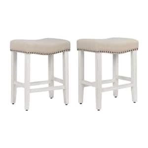 Jameson 24 in. Counter Height Antique White Wood Backless Barstool with Beige Linen Saddle Seat (Set of 2)