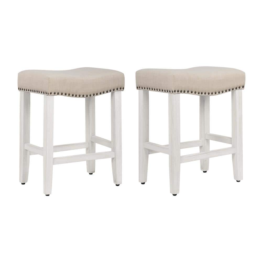 Antique White-Beige Upholstered Saddle Seat 24" Bar Stool Set