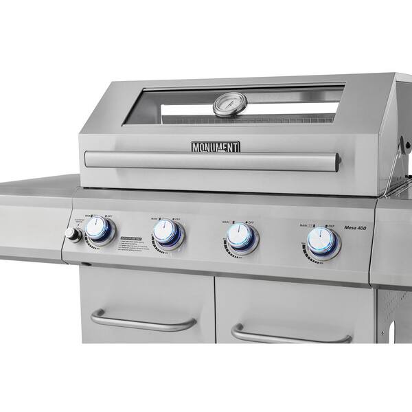 Monument Grills Mesa 4-Burner Portable Propane Gas Grill in Stainless Steel  with Clear View Lid, Side Burner and LED Controls M400 - The Home Depot