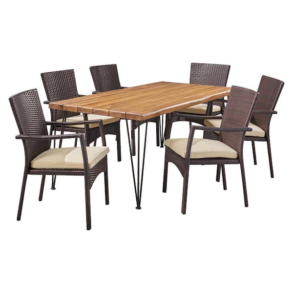 Tatum 29 in. Multi-Brown 7-Piece Metal Rectangular Patio Outdoor Dining Set with Cream Cushions