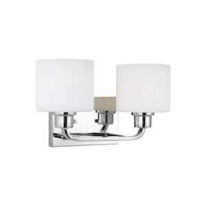 Canfield 14.25 in. 2-Light Chrome Minimalist Modern Wall Bathroom Vanity Light with Etched White Glass Shades
