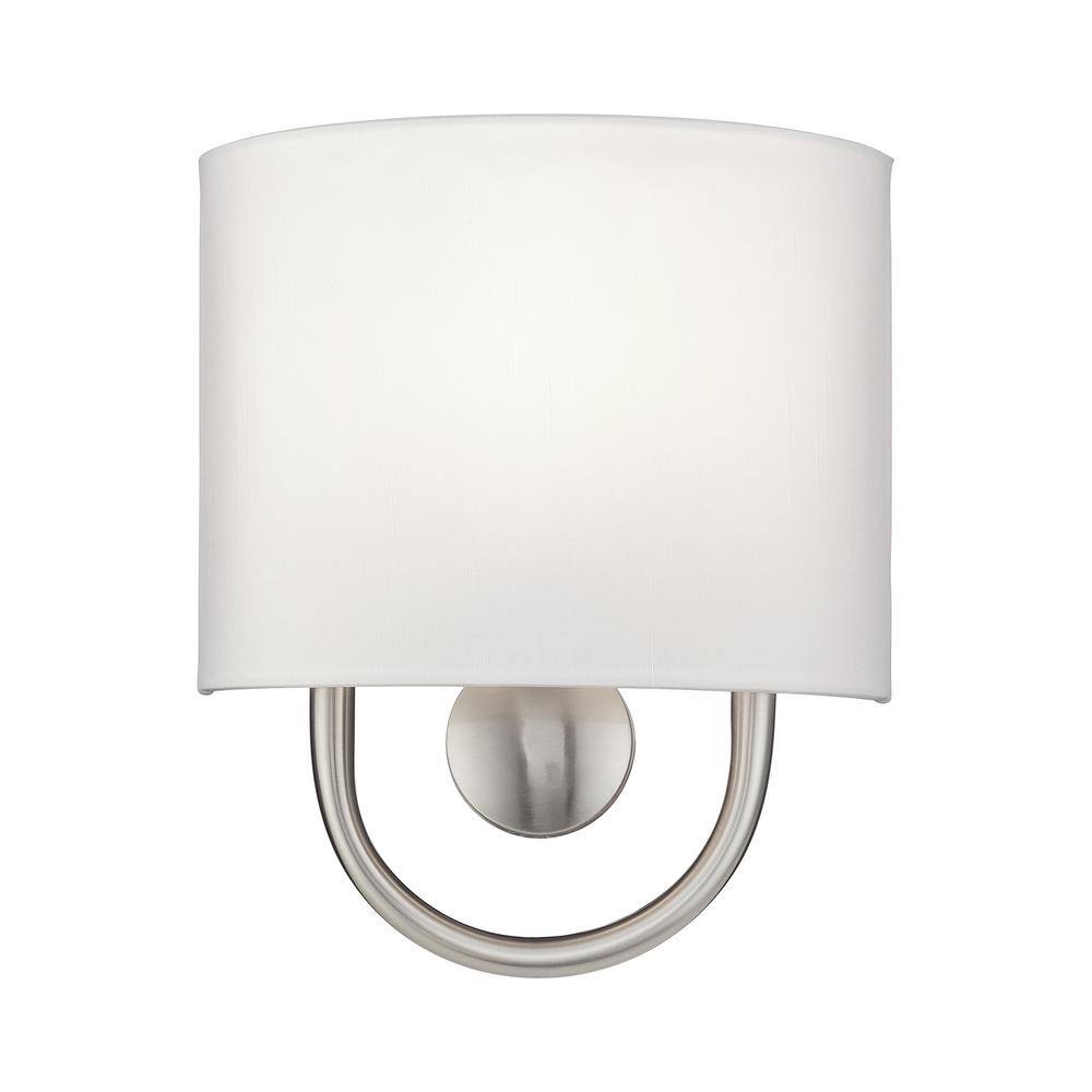 Stratton 9 in. 1-Light Brushed Nickel ADA Wall Sconce with Off-White Fabric Shade price history on PriceWatchPro