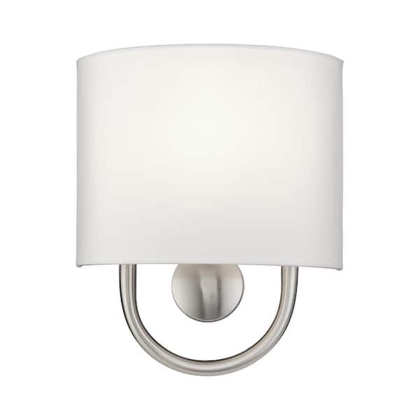 Livex Lighting Stratton 9 in. 1-Light Brushed Nickel ADA Wall Sconce with Off-White Fabric Shade