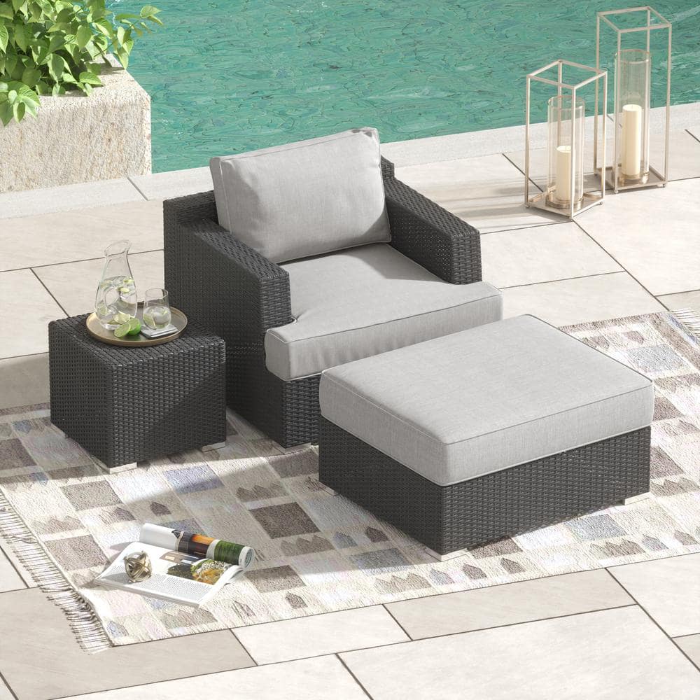 CORVUS Isla Dark Gray 3-piece Aluminum Outdoor Lounge Chair and Ottoman with Sunbrella Gray Cushions, Side Table Included -  CC061