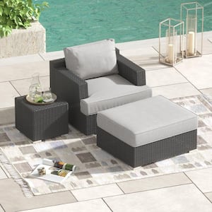 Isla Dark Gray 3-piece Aluminum Outdoor Lounge Chair and Ottoman with Sunbrella Gray Cushions, Side Table Included