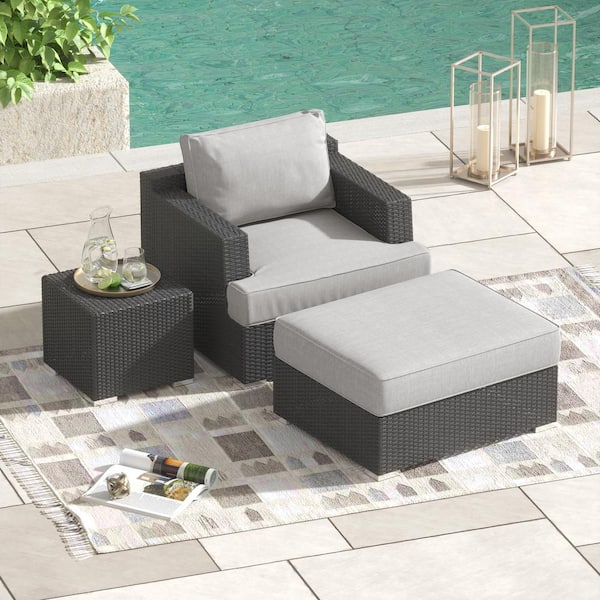 CORVUS Isla Dark Gray 3-piece Aluminum Outdoor Lounge Chair and Ottoman with Sunbrella Gray Cushions, Side Table Included