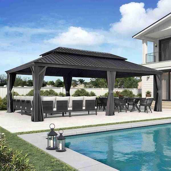 14 ft. x 28 ft. Luxury Patio Outdoor Gazebo for Backyard Hardtop Aluminum Frame with Netting, Hooks, Upgrade Curtain