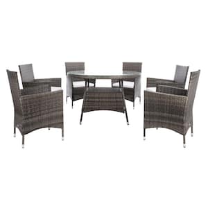 Challe Gray/Brown 7-Piece Wicker Outdoor Patio Dining Set with White Cushions