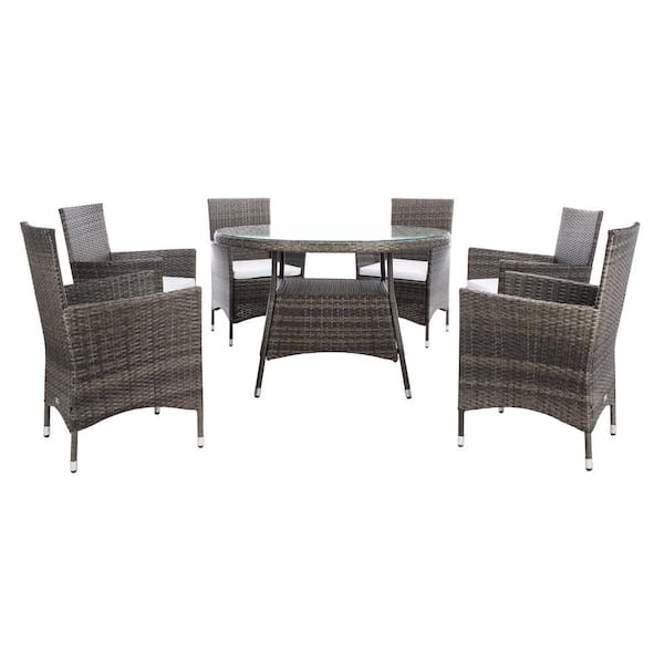 SAFAVIEH Challe Gray/Brown 7-Piece Wicker Outdoor Patio Dining Set with White Cushions