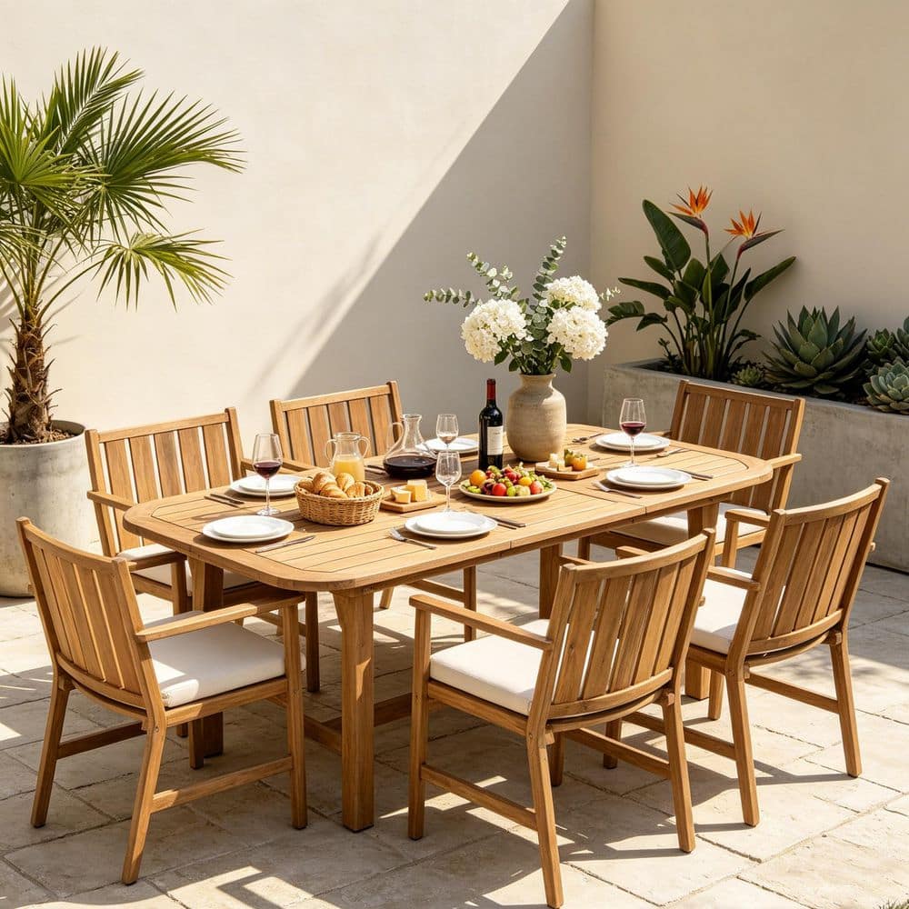 Livia Teak Finish 7-Piece Wood Patio Outdoor Dining Set with Extendable Table and Beige Cushions price history on PriceWatchPro
