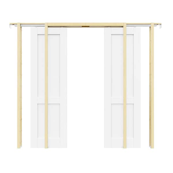 48 in. x 80 in. 2-Panel White Primed Solid Core Door Slab with Wood Pocket Door Frame and Hardware (Soft Close Included)