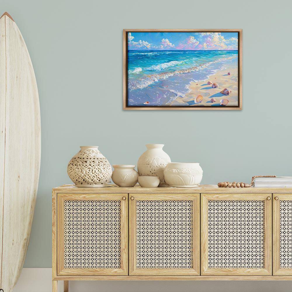 Seashells Along Sea Shore by LSR Design Studio Brown Floater Frame Nature Graphic Art Print 21 in. x 31 in. price history on PriceWatchPro