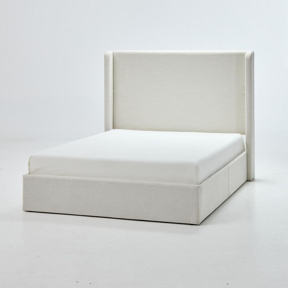 Frasier White Metal Frame King Size Platform Bed with Upholstered Wingback High Headboard, Ivory - thumbnail 10