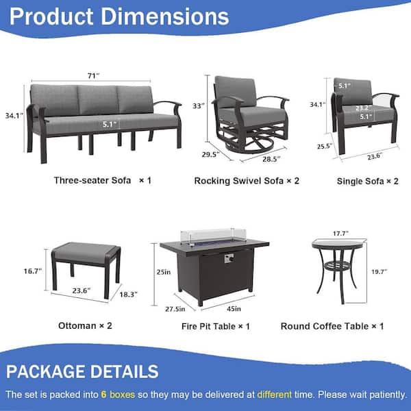 7-Seat Aluminum Patio Conversation Set with armrest, Fire pit Table, Swivel Rocking Chairs, Ottomans and Grey Cushions