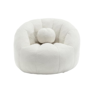 Modern Swivel Round White Boucle Bean Bag Accent Chair with Ottoman Pillow