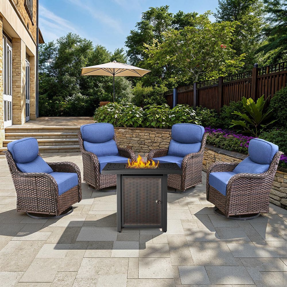 Arcadia Brown 5-Piece Wicker Patio Fire Pit Set, 4-Person Seating Set with Olefin Navy Blue Cushions and Swivel Gliders price history on PriceWatchPro