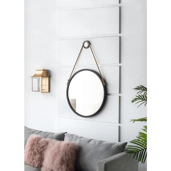 29.50 in. W x 29.50 in. H Hanging Round Industrial Decor Mirror with Black Framed and with Rope Strap