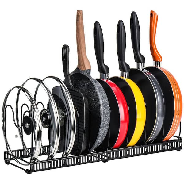 Standing Adjustable Expandable Pot Rack, Holds 10+ Pot Lids/Bakeware/Cookware, Expandable Pans Organizer Holder, Black
