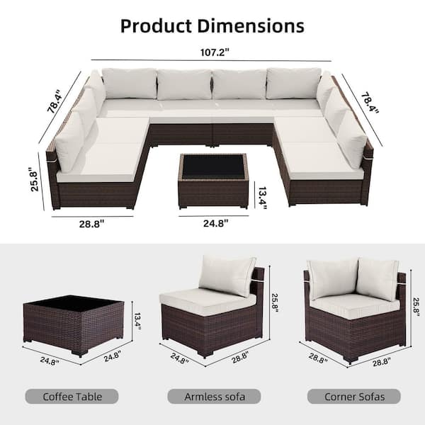 9-Piece Wicker Patio Conversation Seating Set with Ivory White Cushions and Coffee Table