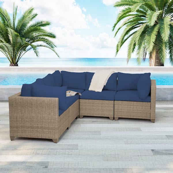 TK CLASSICS Maui 5-Piece Wicker Patio Conversation Set with Cobalt Cushions