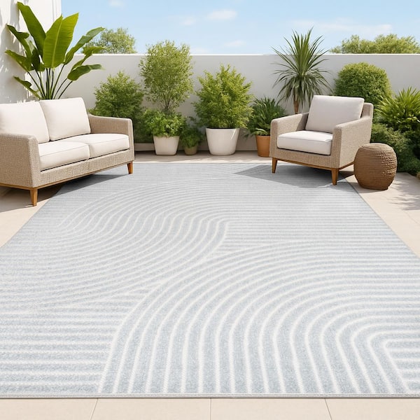 JONATHAN Y Hallie High-Low Minimalist Curve Geometric Light Blue/Cream 4 ft. x 6 ft. Indoor/Outdoor Area Rug