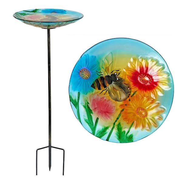 25 in. H x 10 in. Dia Multicolor Glass Birdbath with Flowers and Bee