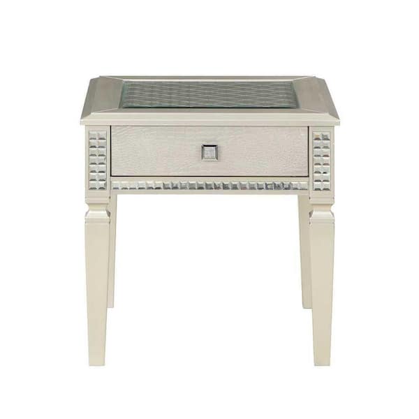 EVERGLADE HOME Sadie 24 in. W Champagne Gray Square Glass Inset Wood Top End Table with Drawers