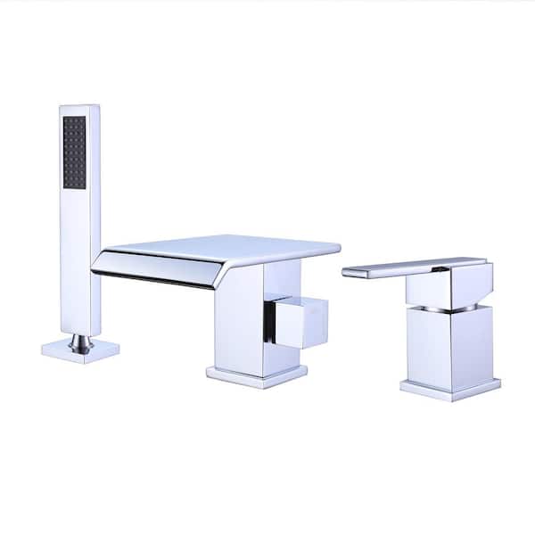 FLG Single-Handle Deck-Mount Roman Tub Faucet with Hand Shower Brass Waterfall Tub Filler with Sprayer in. Polished Chrome