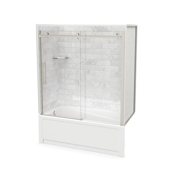 Utile 32 in. x 60 in. x 81 in. Bath and Shower Combo in Marble Carrara, New Town Left Drain, Halo Door Brushed Nickel