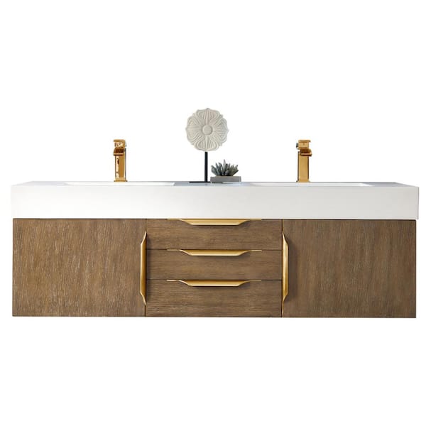 James Martin Vanities Columbia 59.0 in. W x 19.5 in. D x 19.3 in. H Single Bathroom Vanity Latte Oak and Glossy White Composite Stone Top