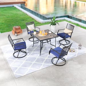 5-Piece Square Metal Outdoor Dining Set with Blue Cushions