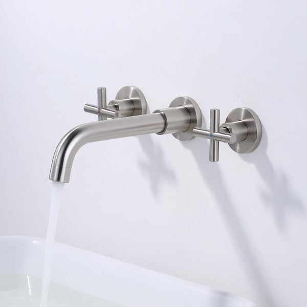 Brass 8" Double Handle Wall Mounted Bathroom Faucet with Brass Rough-in Valve, 2-Aerators and Flange in Brushed Nickel