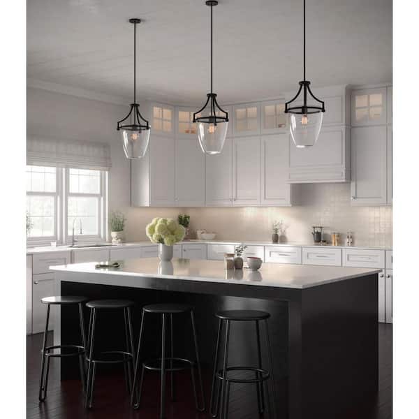 Parkhurst Collection 11.5 in. 1-Light Matte Black New Traditional Mini-Pendant with Clear Glass Shades for Kitchen