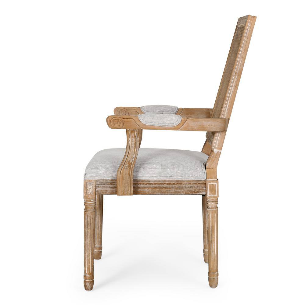 Light Gray Upholstered Wood and Cane Arm Chair Set