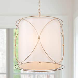 Gold Drum Chandelier, 3-Light Modern Champagne Gold Island Dining Room Pendant Light with Fabric Shade