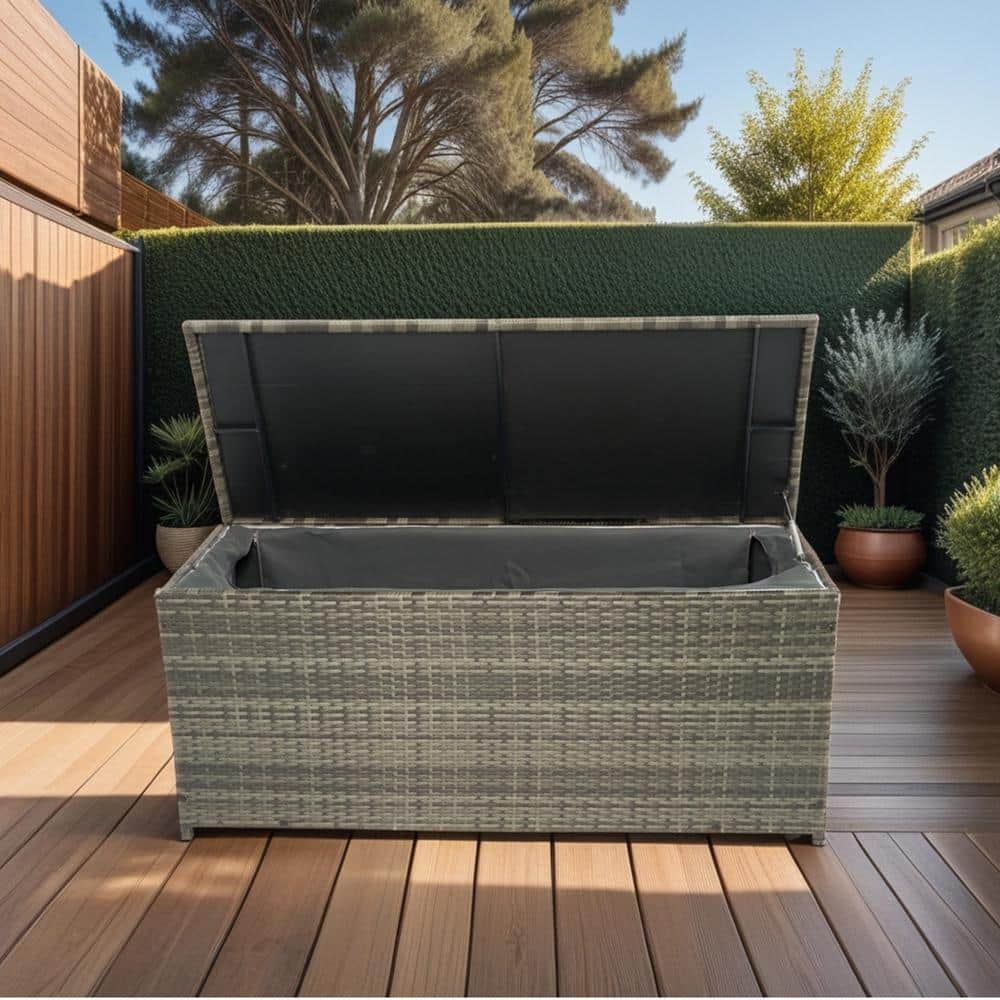 113 Gallon Gray Wicker Outdoor Storage Deck Box