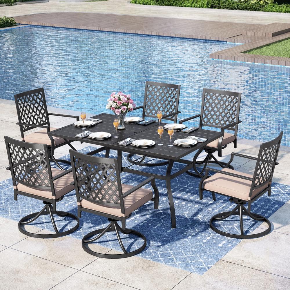 7-Piece Metal Patio Outdoor Dining Set with Slat Rectangle Table and Stripe Swivel Chairs with Beige Cushions price history on PriceWatchPro
