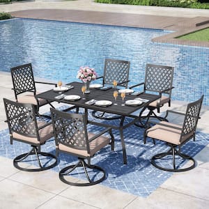 7-Piece Metal Patio Outdoor Dining Set with Slat Rectangle Table and Stripe Swivel Chairs with Beige Cushions