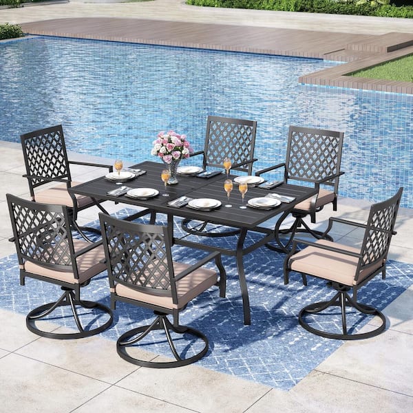 PHI VILLA 7-Piece Metal Patio Outdoor Dining Set with Slat Rectangle ...