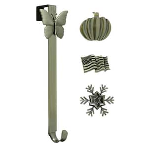15.75 in. Artificial Antique Brass Adjustable Wreath Hanger with Flag, Snowflake, Butterfly and Pumpkin Icons