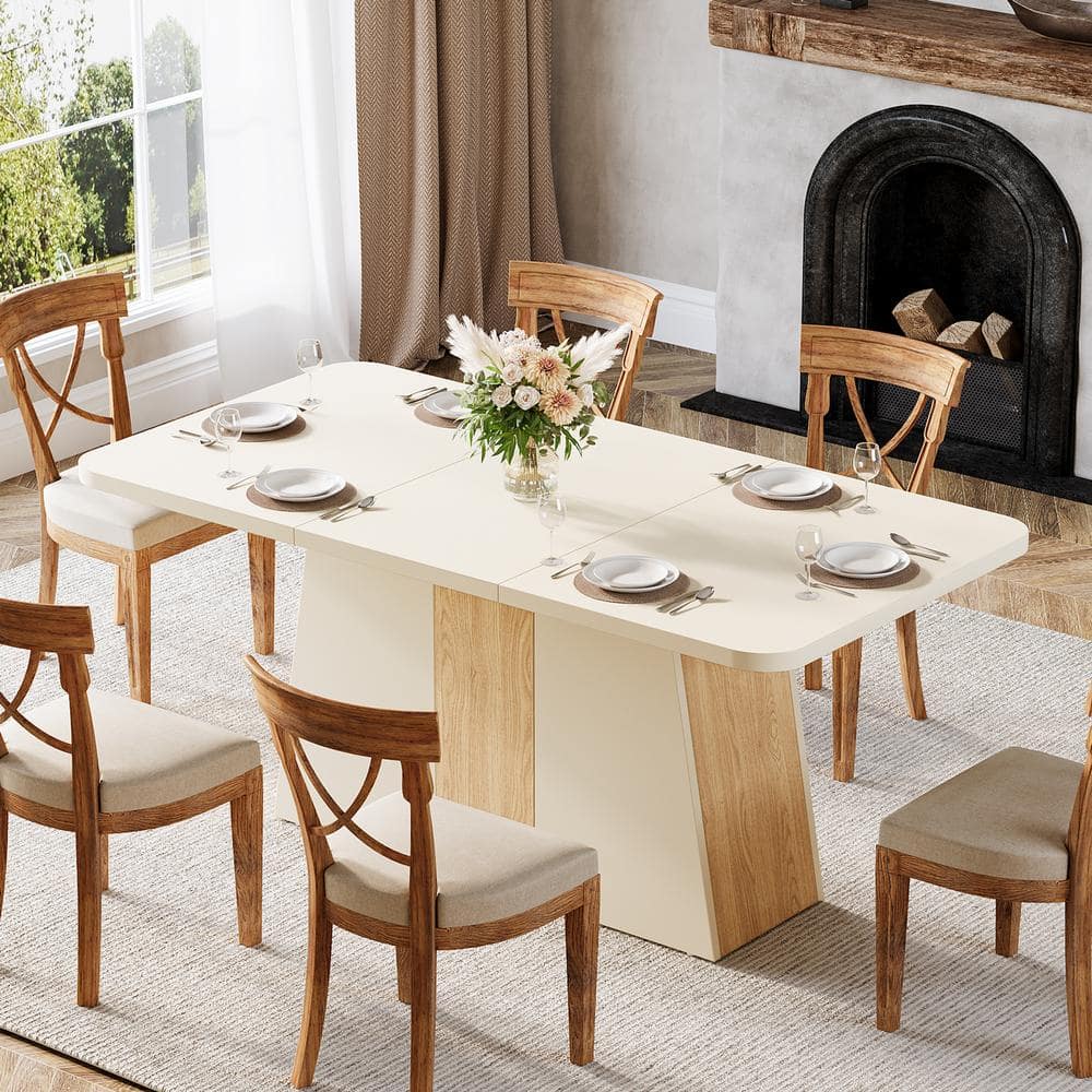 BYBLIGHT Roesler White Engineered Wood 55 in. Pedestal Dining Table Seats 4-6, Wooden Kitchen ...