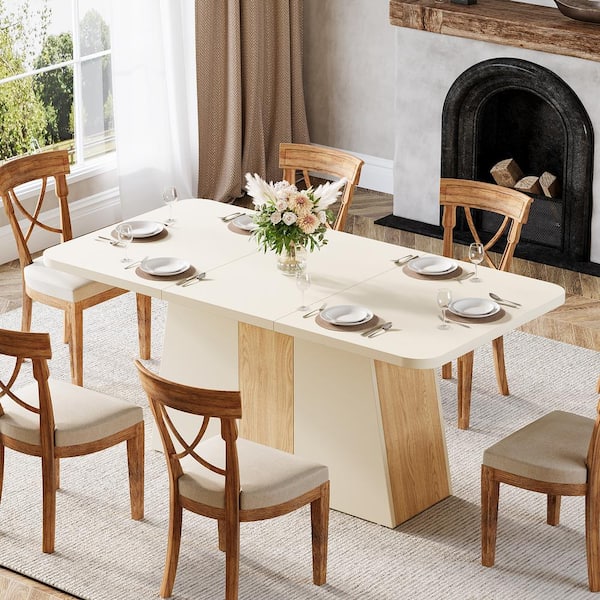BYBLIGHT Roesler White Engineered Wood 55 in. Pedestal Dining Table Seats 4-6, Wooden Kitchen Table Dinner Table with Stable Base