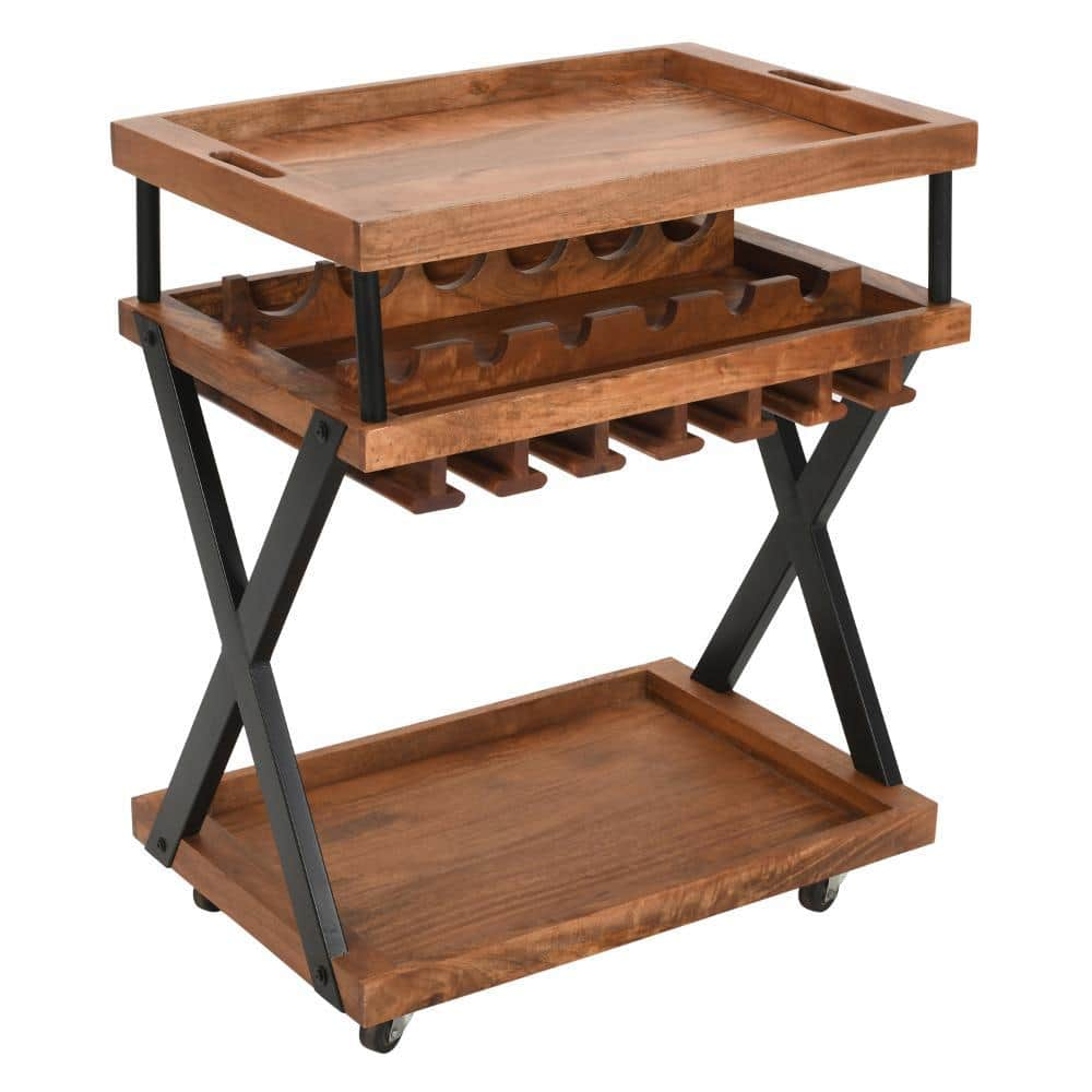 THE URBAN PORT Brown and Black Wine Bar Cart with 2-Tray Tops