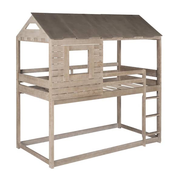 URTR Antique Gray Twin Over Twin Bunk Bed, House Low Bunk Bed Frame with Roof and Window for Kids, Teens, Girls, Boys