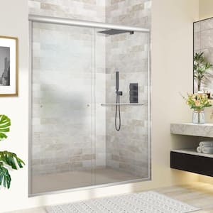 60 in. Wide x 72 in. Semi Frameless Double Sliding Corner Shower Room, The Shower Door Frame is Made of Brushed Nickel