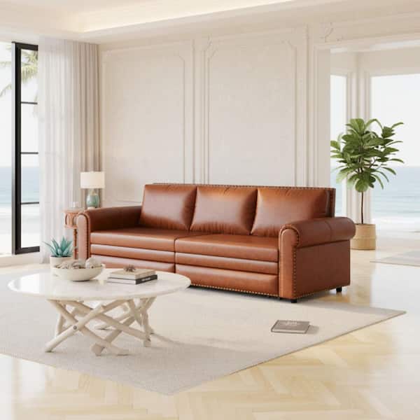 DBZY 93.7 in. Cognac Faux Leather King Size 3-in-1 Convertible Sofa Bed with Nailhead Trim and Rolled Arms